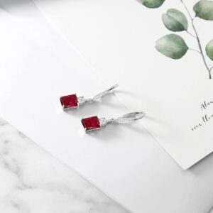 Gem Stone King 925 Sterling Silver Red Created Ruby Dangle Earrings For Women (5.60 Cttw, Gemstone July Birthstone, Emerald Cut 9X7MM)