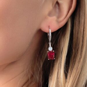 Gem Stone King 925 Sterling Silver Red Created Ruby Dangle Earrings For Women (5.60 Cttw, Gemstone July Birthstone, Emerald Cut 9X7MM)