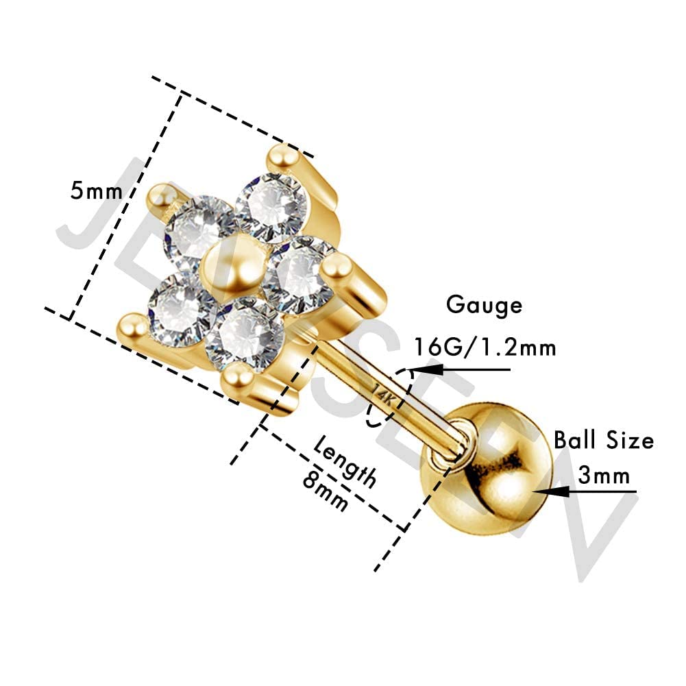 Jewseen 14KT Real Yellow Gold Solitaire Cubic Zirconia Cartilage Earrings 16g Flower Design Helix Stud Rings Solid Gold Tragus Conch Ear Piercing