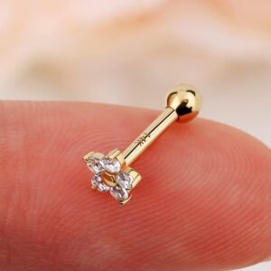 Jewseen 14KT Real Yellow Gold Solitaire Cubic Zirconia Cartilage Earrings 16g Flower Design Helix Stud Rings Solid Gold Tragus Conch Ear Piercing