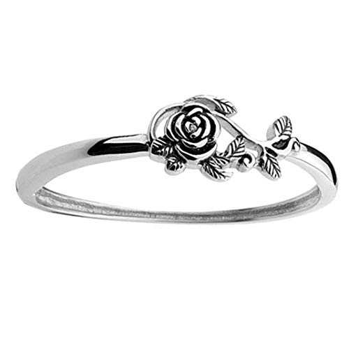 Bands Rings, Fashion Ring, Vintage Rose Flower Leaf Finger Ring Women Engagement Wedding Party Jewelry - Silver US 6