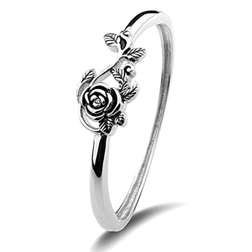 Bands Rings, Fashion Ring, Vintage Rose Flower Leaf Finger Ring Women Engagement Wedding Party Jewelry - Silver US 6