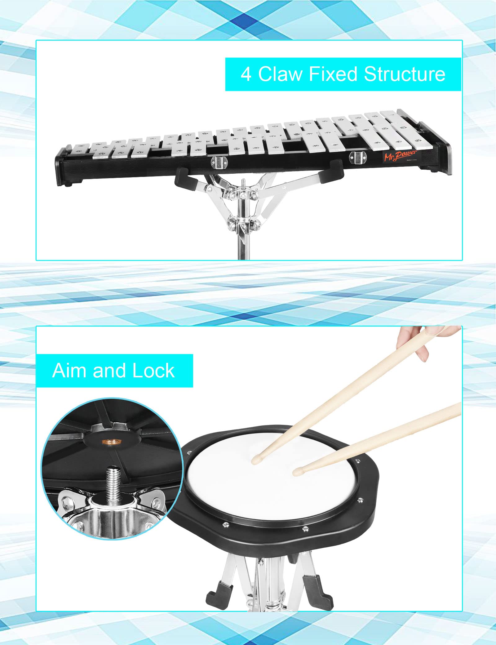 Mr.Power 32 Notes Glockenspiel Bell Kit with 8'' Practice Pad, Adjustable Height Stand, Music Sheet Clip, Glockenspiel Mallets, Drumsticks, and Carrying Bag