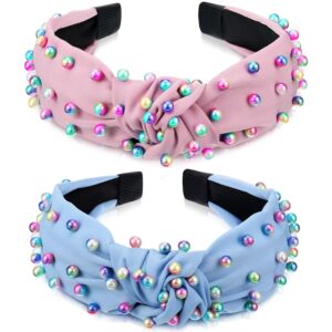 Embellished Hair Accessories for Women and Girls: Faux Pearl Knotted Headbands with Gems and Twisted Turban Design (Pink, Blue)