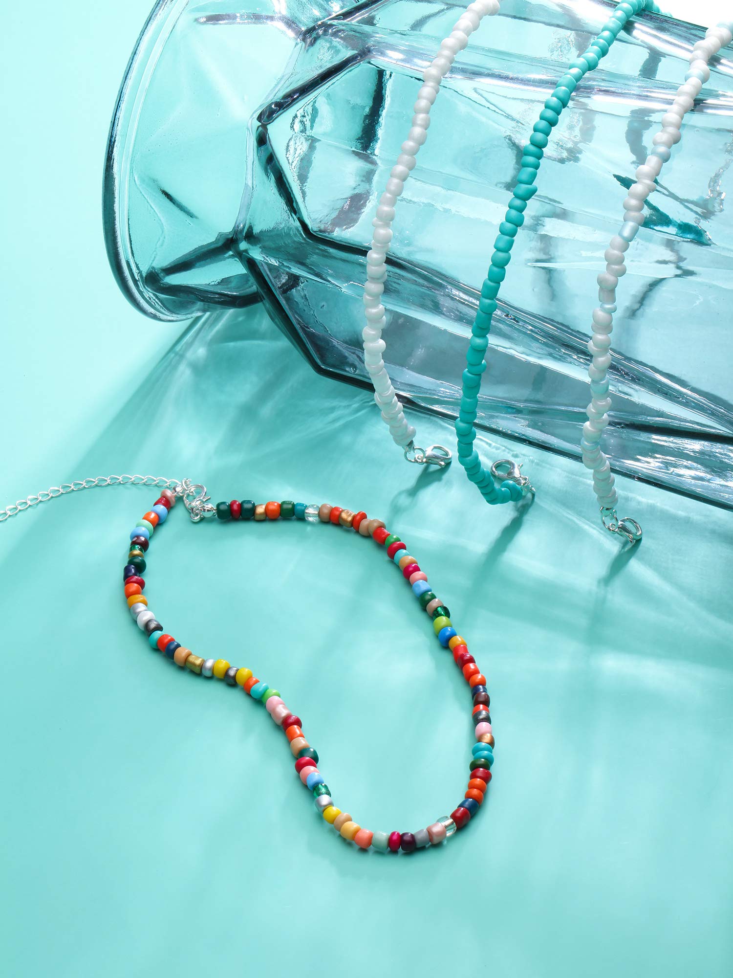 Hicarer Women Bead Choker Necklace Colorful Bohemian Seed Bead Chain Women Boho Hawaiian Tiny White Turquoise Layered Collar