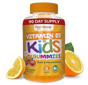 feel great kids vitamin d3 1000 iu gummies | kids vitamin d gummies for healthy bones, mood, & immune support | citrus flavored vegetarian d3 gummies | 90 day supply