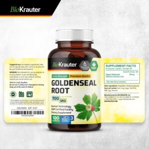 BIO KRAUTER Goldenseal Root Supplement - Goldenseal Capsules 700 mg - Traditional Herbal Supplement - 100 Vegan Capsules