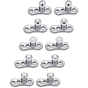 Lcolyoli 10PCS 14G Dermal Anchor Tops CZ/Opal/Ball Base G23 Titanium Microdermals Body Piercing Jewelry for Women Men Silver-tone 2mm