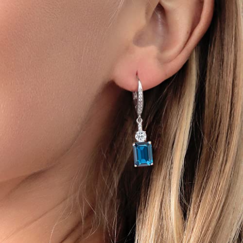 Gem Stone King 925 Sterling Silver London Blue Topaz and White Topaz Dangle Earrings For Women (6.08 Cttw, Gemstone November Birthstone, Emerald Cut 9X7MM)