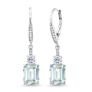 gem stone king 925 sterling silver sky blue simulated aquamarine and white topaz dangle earrings for women (5.26 cttw, gemstone birthstone, octagon 9x7mm)