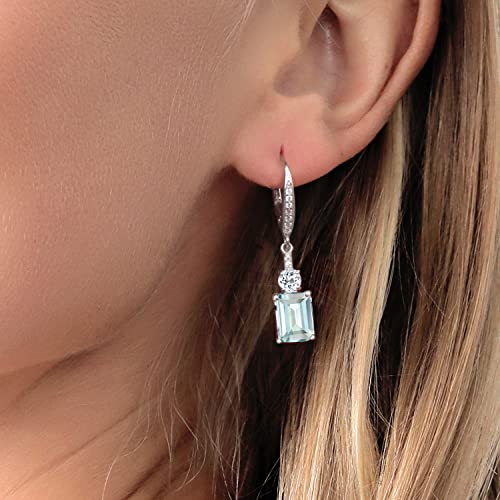 Gem Stone King 925 Sterling Silver Sky Blue Simulated Aquamarine and White Topaz Dangle Earrings For Women (5.26 Cttw, Gemstone Birthstone, Octagon 9X7MM)