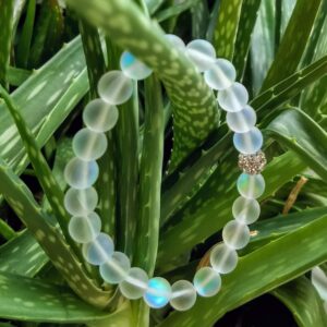 Hope Inspired Mystic Mermaid Glass Friendship Bracelet with 8 mm Frosted White Glowing Moonstone Beads