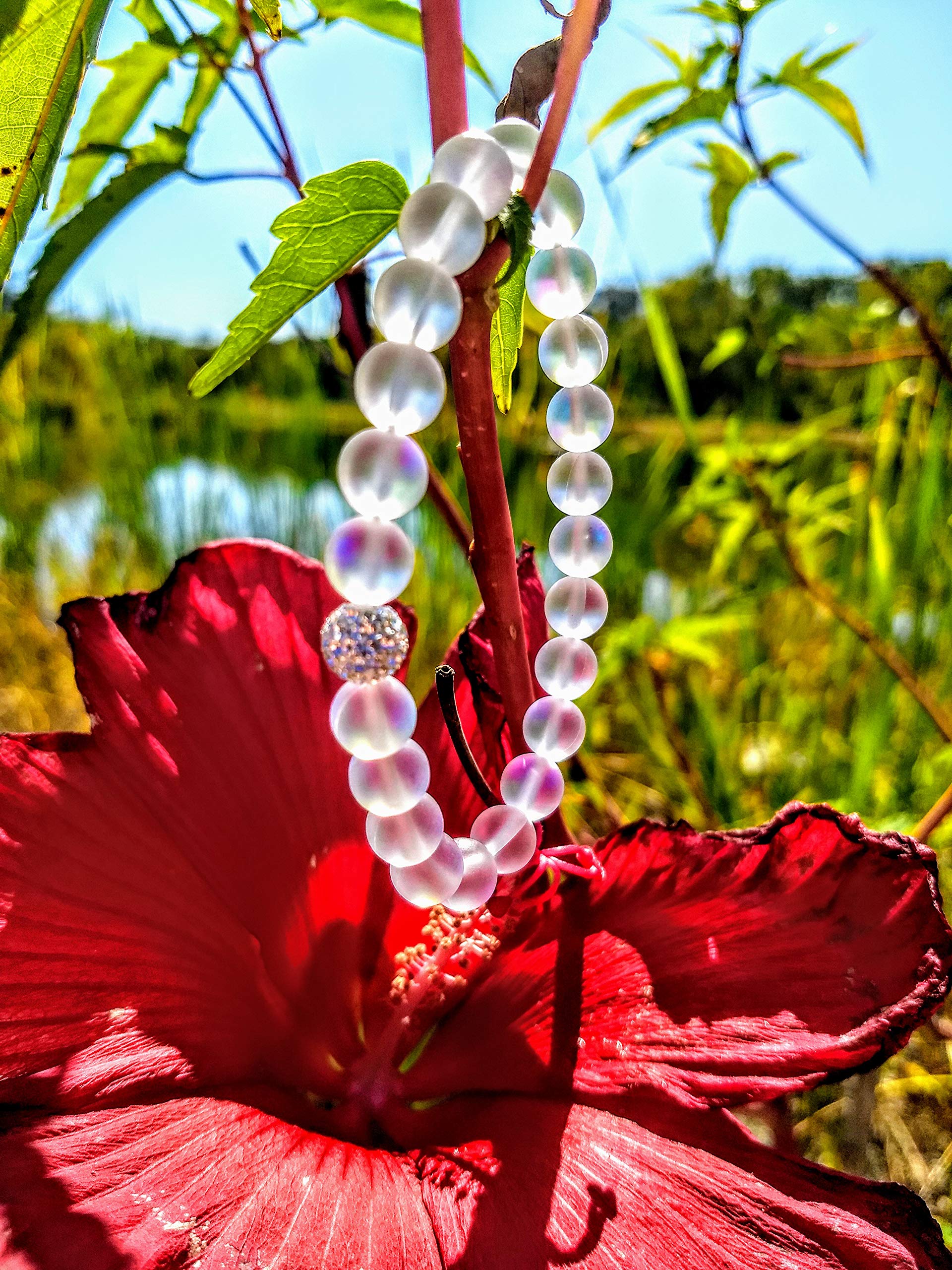 Hope Inspired Mystic Mermaid Glass Friendship Bracelet with 8 mm Frosted White Glowing Moonstone Beads