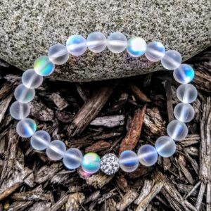 Hope Inspired Mystic Mermaid Glass Friendship Bracelet with 8 mm Frosted White Glowing Moonstone Beads