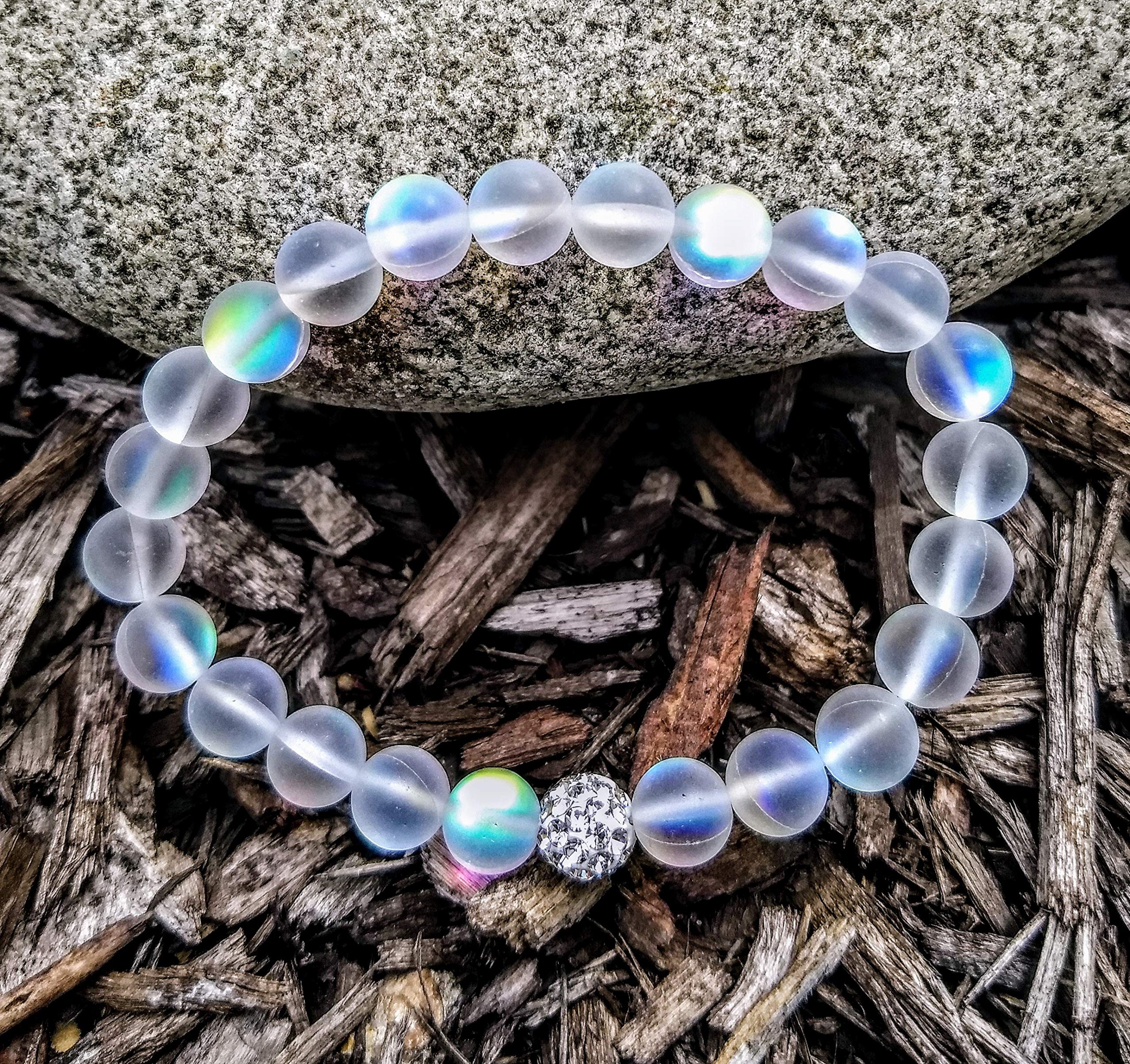 Hope Inspired Mystic Mermaid Glass Friendship Bracelet with 8 mm Frosted White Glowing Moonstone Beads