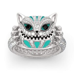 Jeulia 4.08 Carat Cheshire Cat Rings for Women Sterling Silver Enamel Rings Handmade White Diamond Animal Rings Bridal Set Wedding Engagement Anniversary Promise