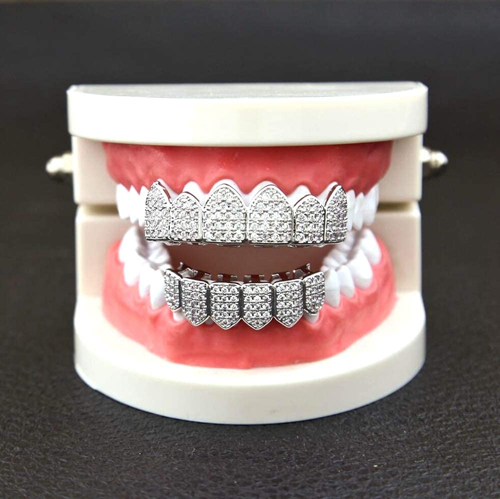 HH BLING EMPIRE Iced Out Diamond Teeth Grillz for Men Women, Hip Hop Silver Gold Grills for Your Teeth Top and Bottom, Rapper Costume Mouth Grillz with Silicone Molding Bars (Silver)