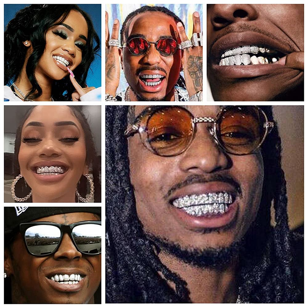 HH BLING EMPIRE Iced Out Diamond Teeth Grillz for Men Women, Hip Hop Silver Gold Grills for Your Teeth Top and Bottom, Rapper Costume Mouth Grillz with Silicone Molding Bars (Silver)