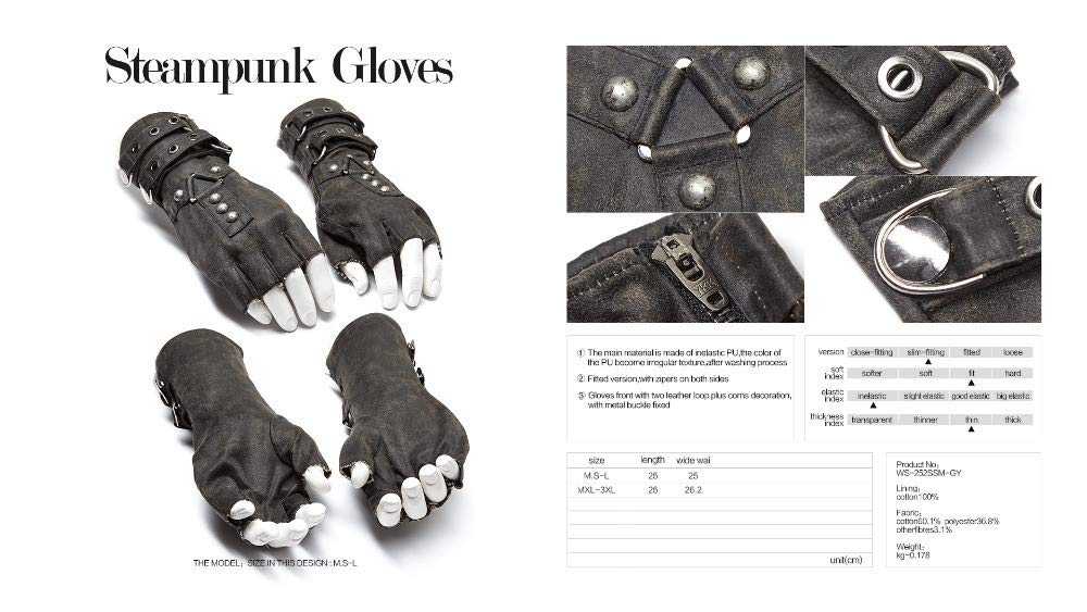 Punk Rave Steampunk Fingerless Gloves for Men Motorcycle Cotton Gloves Grey Coffee Driving Gloves (XL-XXXL, Grey)