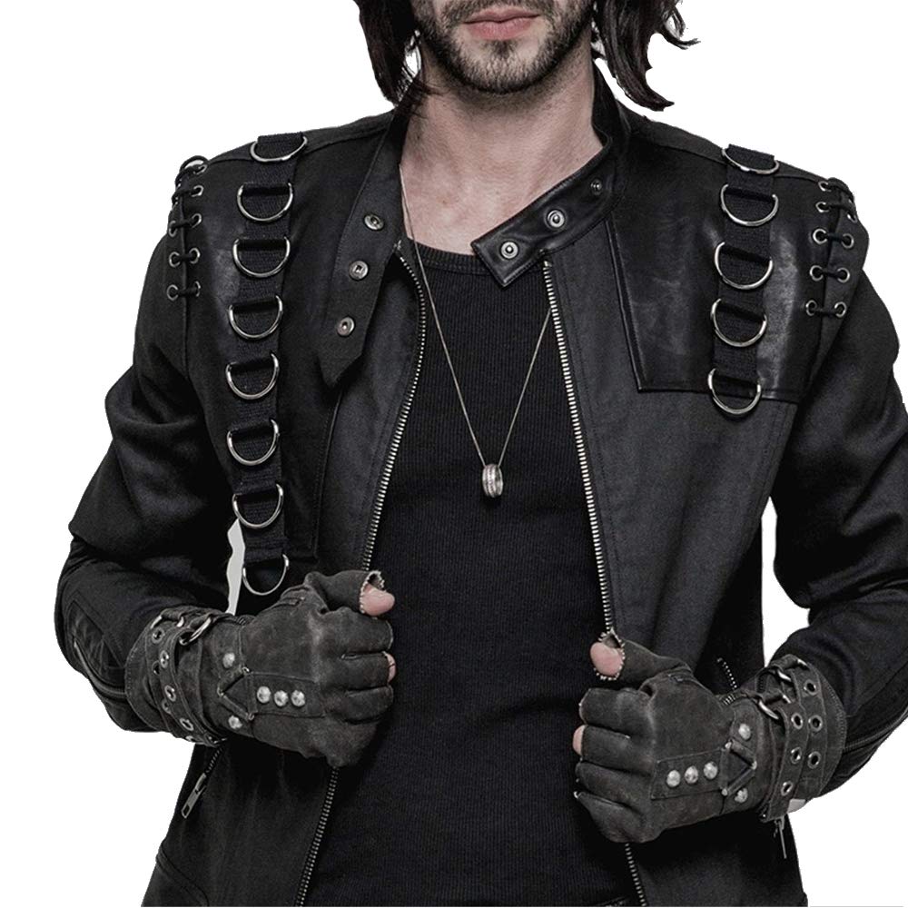 Punk Rave Steampunk Fingerless Gloves for Men Motorcycle Cotton Gloves Grey Coffee Driving Gloves (XL-XXXL, Grey)