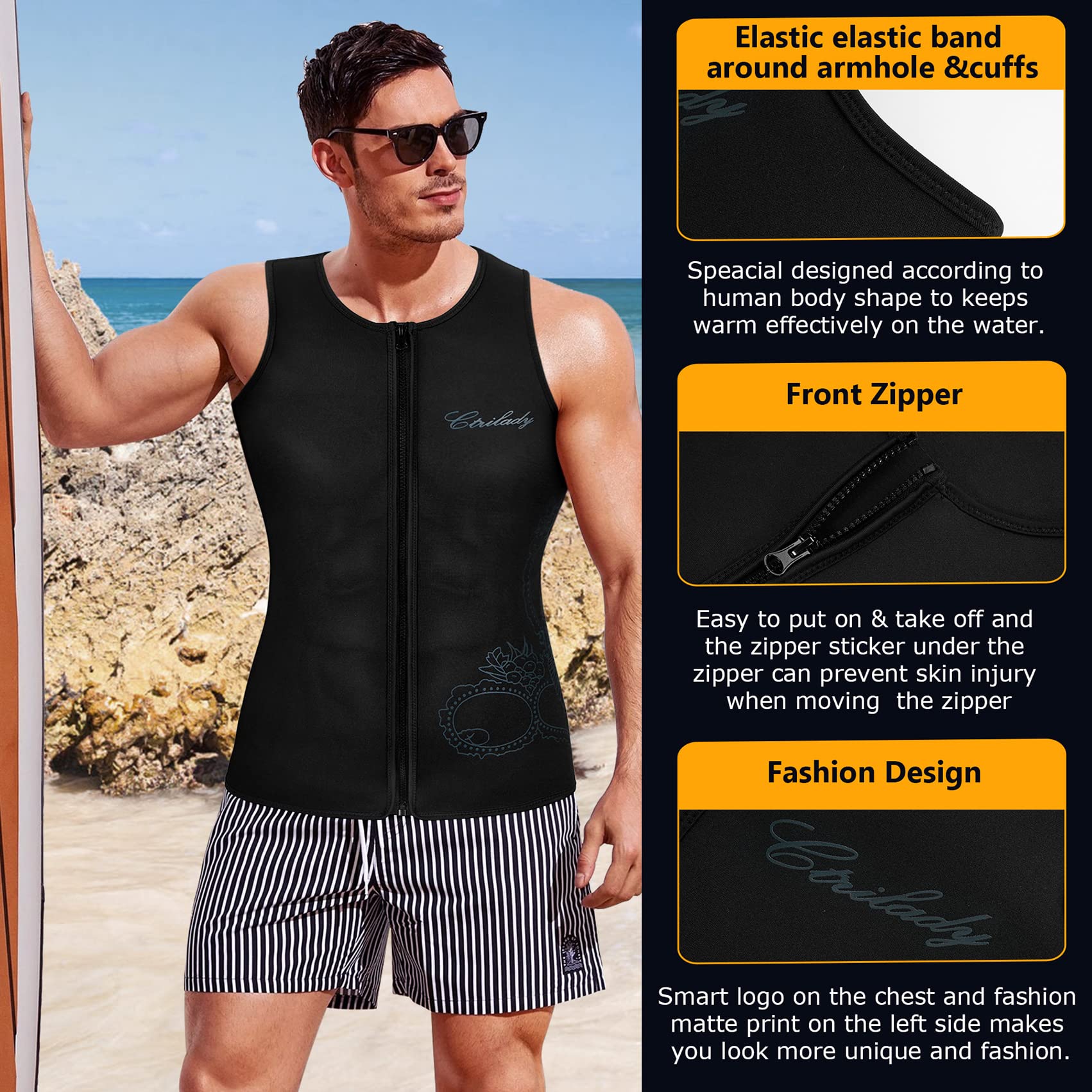 Ctrilady Men’s Wetsuit Top Neoprene Vest with Front Zipper, UV Protection, Sleeveless Workout Top for Swimming, Diving, Surfing and Canoeing (Black, 4XL)