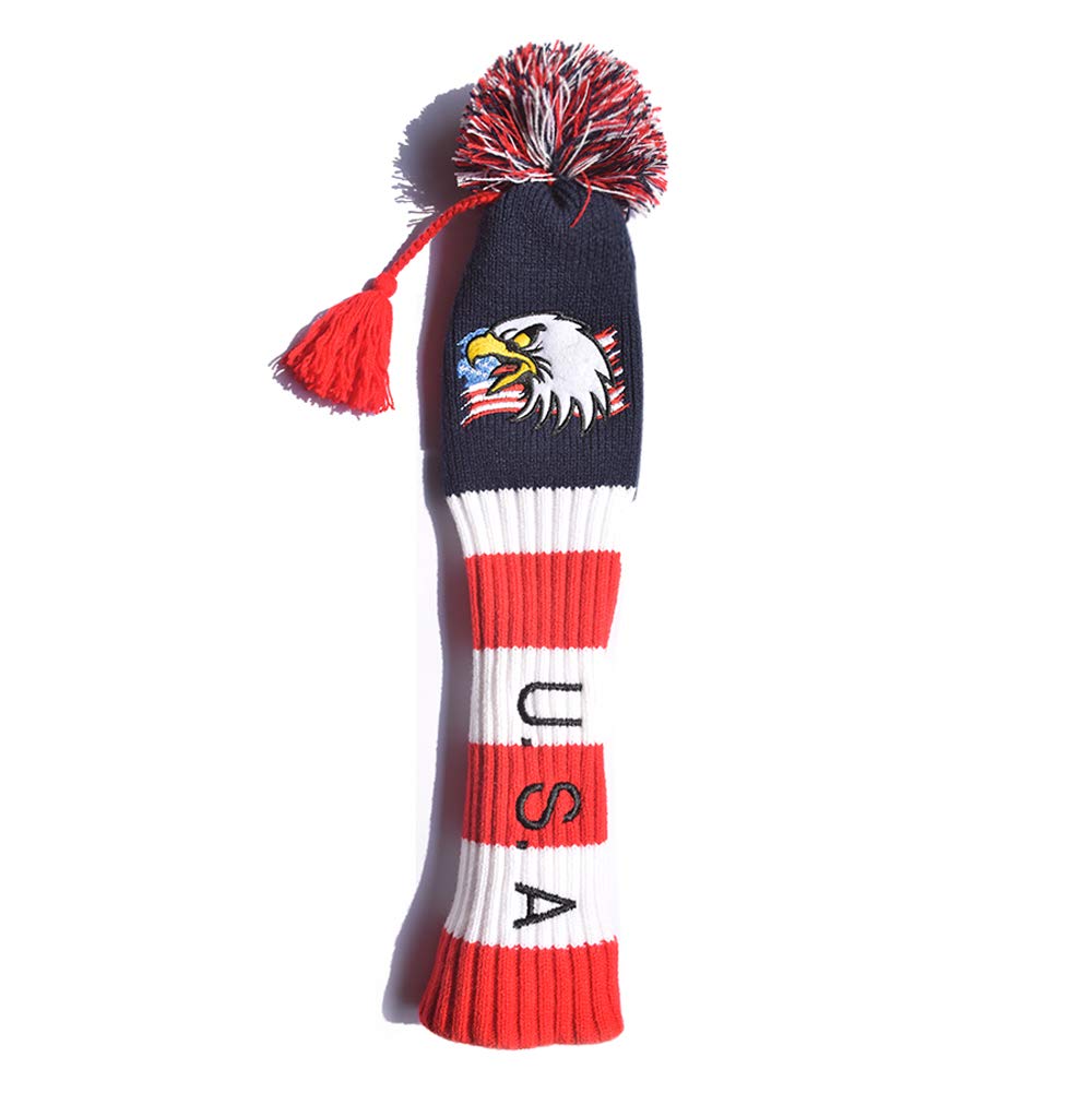 LOXASUM Knitted Golf headcovers for Driver 460cc Wood USA Flag Eagle Embroidered POM POM Tassel Head Club Covers