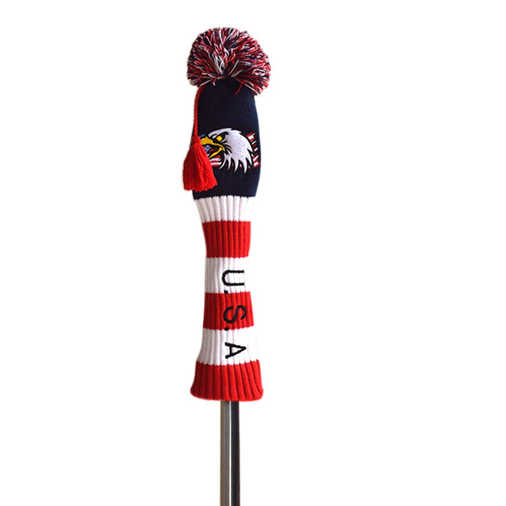 LOXASUM Knitted Golf headcovers for Driver 460cc Wood USA Flag Eagle Embroidered POM POM Tassel Head Club Covers