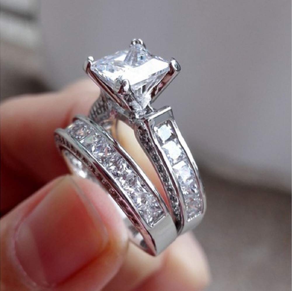 Zhiwen Lovely Ring -2-in-1 Womens Vintage Princess Cut Topaz Cz 10KT White Gold Filled White Diamond Silver Engagement Wedding Band Ring Set Size6-10 (US code 8)