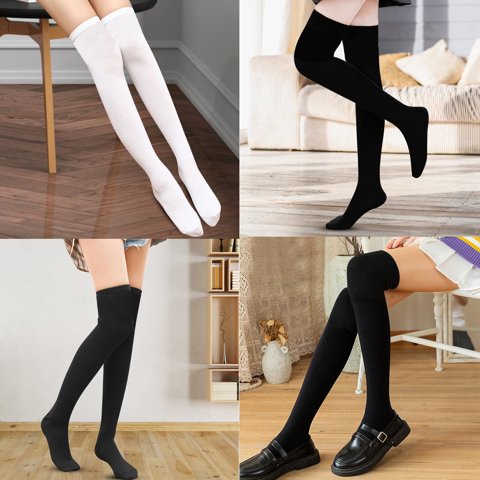 ONESING 8 Pairs Black Thigh High Socks for Women Thigh High Stockings Over the Knee High Socks for Women Long Cotton Socks Thick Cotton Leg Warmers for Girls