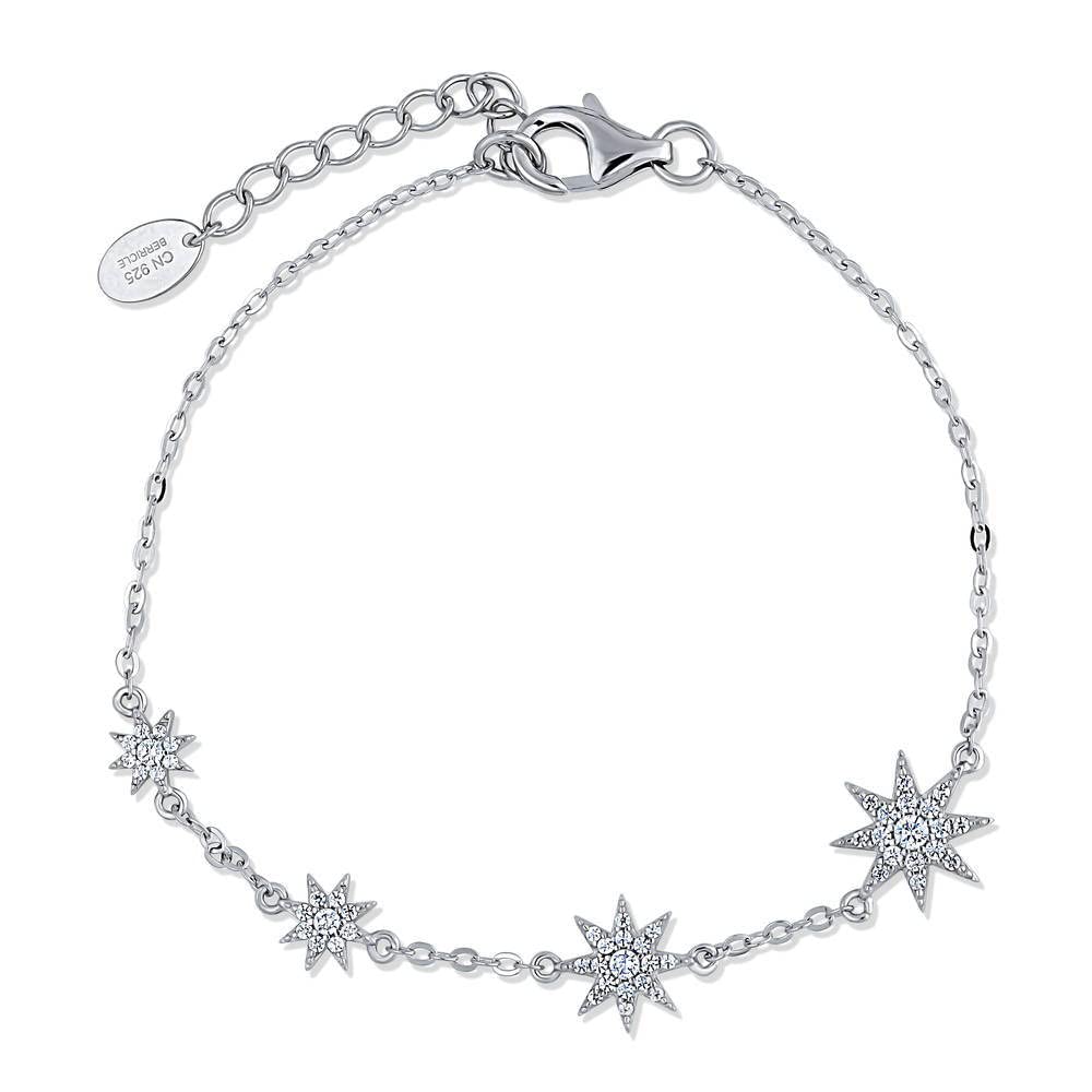 BERRICLE Sterling Silver Starburst Cubic Zirconia CZ Fashion Chain Bracelet for Women, Rhodium Plated