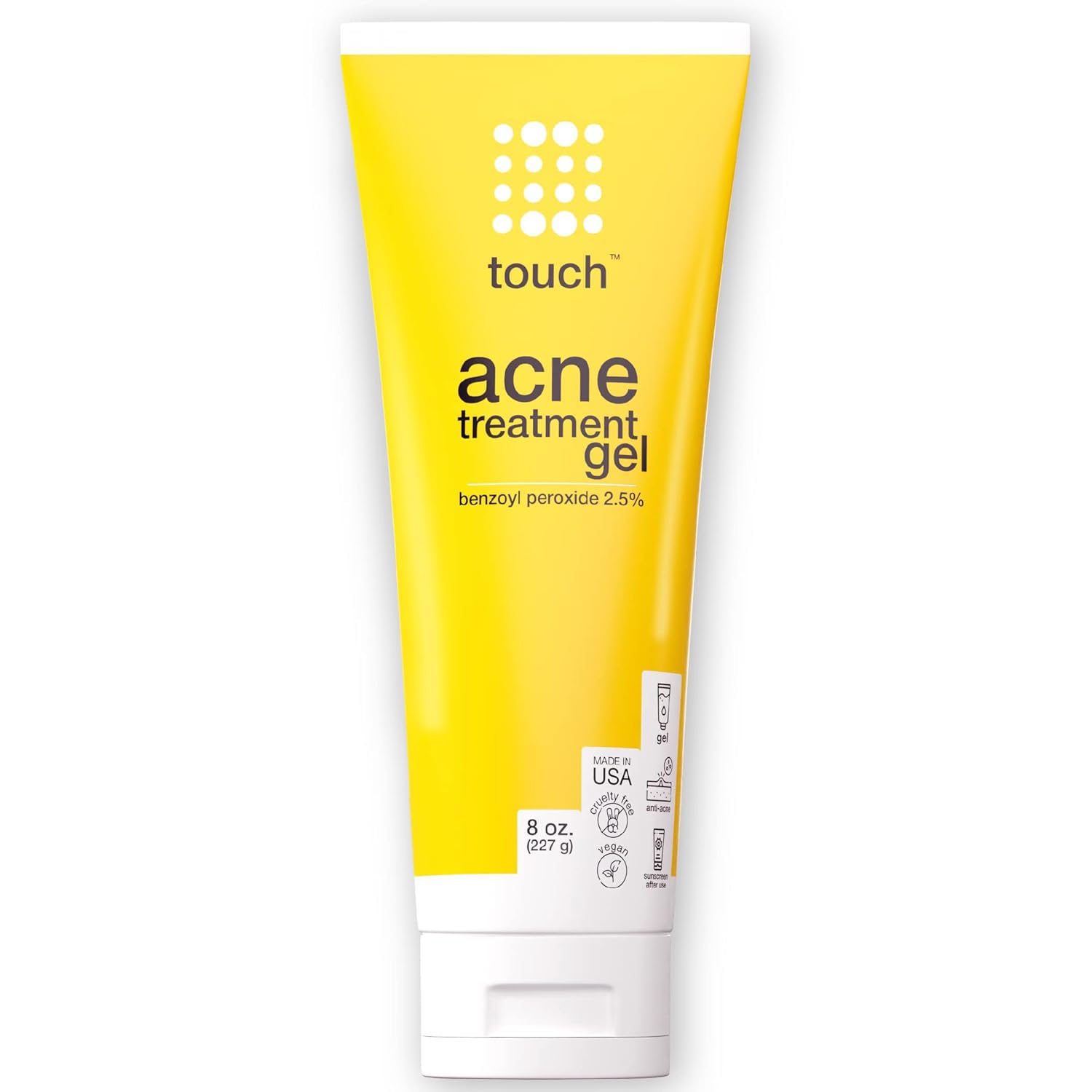 Touch Benzoyl Peroxide 2.5% Gel Cream For Acne - Pimples and Cystic Acne Spot & Daily Face and Back Medication for Adults & Teens – Goes on Clear Lightweight & Non-Drying - Large 8 oz.