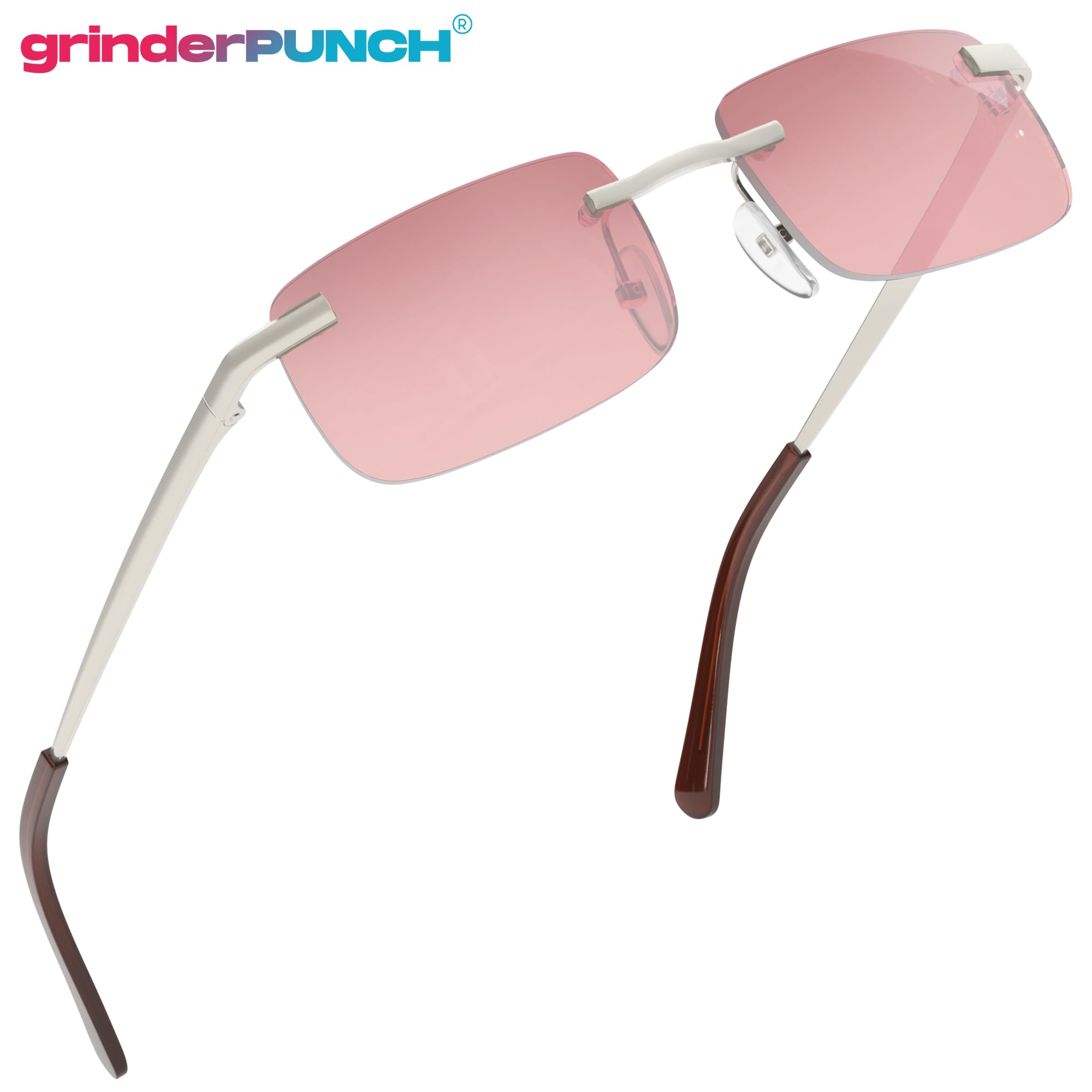 grinderPUNCH Small Slim 90's Popular Nineties Rectangular Sunglasses Clear Rimless Eyewear (Silver Frame - Pink)