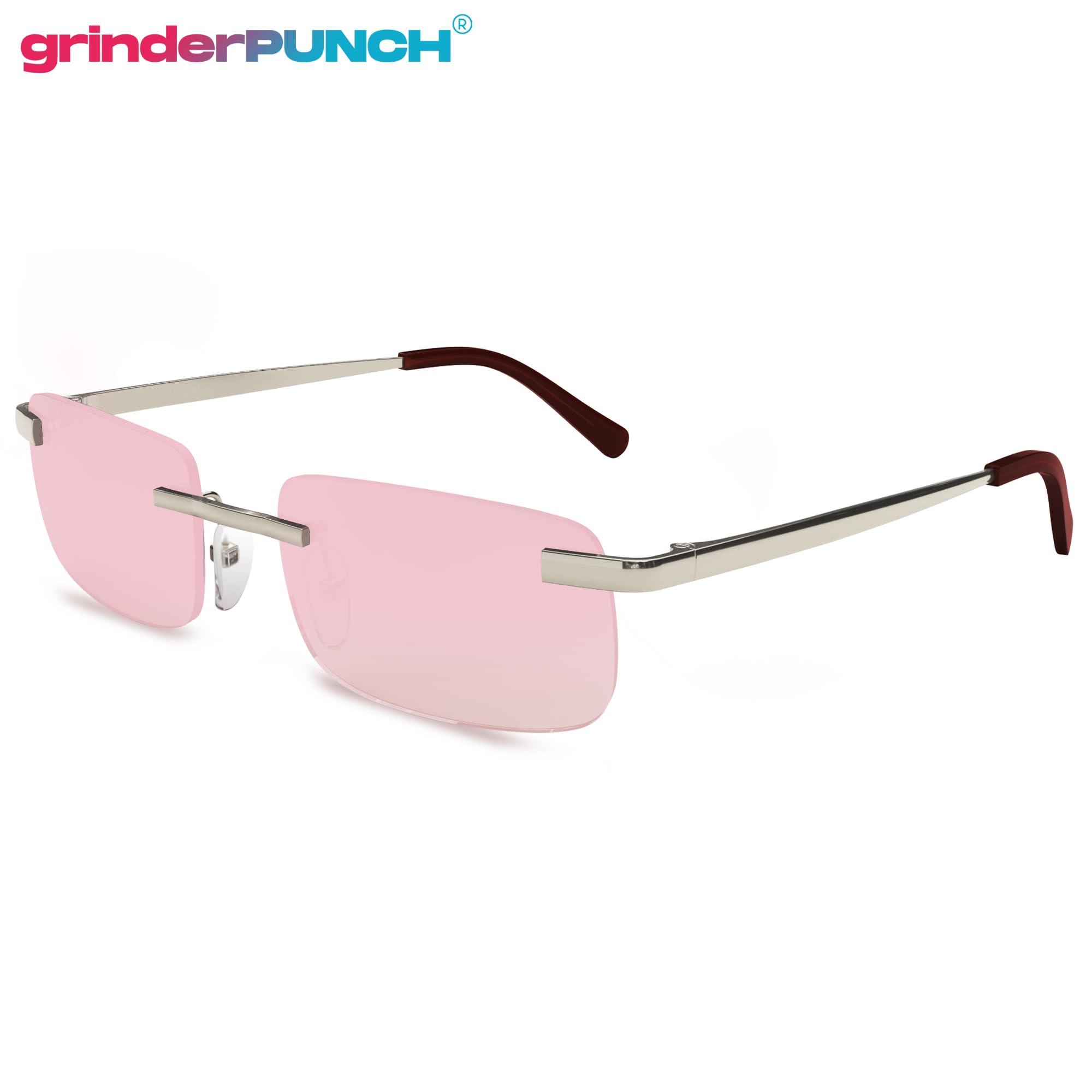 grinderPUNCH Small Slim 90's Popular Nineties Rectangular Sunglasses Clear Rimless Eyewear (Silver Frame - Pink)