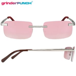 grinderPUNCH Small Slim 90's Popular Nineties Rectangular Sunglasses Clear Rimless Eyewear (Silver Frame - Pink)