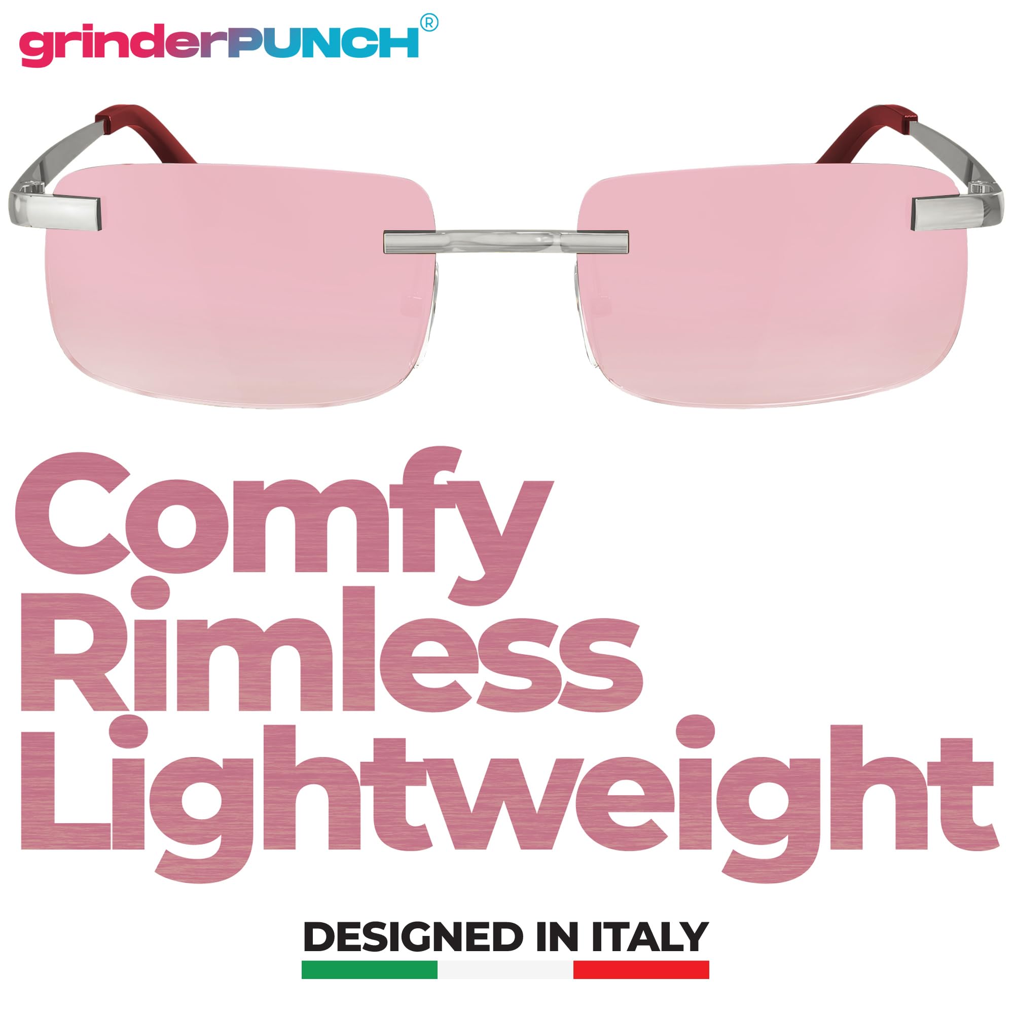 grinderPUNCH Small Slim 90's Popular Nineties Rectangular Sunglasses Clear Rimless Eyewear (Silver Frame - Pink)