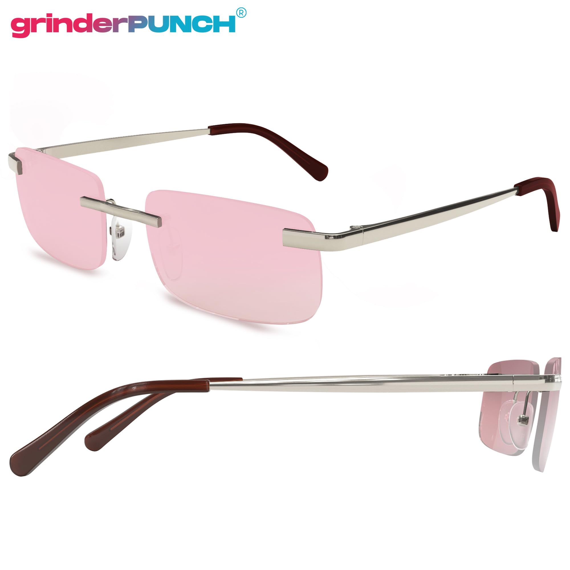 grinderPUNCH Small Slim 90's Popular Nineties Rectangular Sunglasses Clear Rimless Eyewear (Silver Frame - Pink)