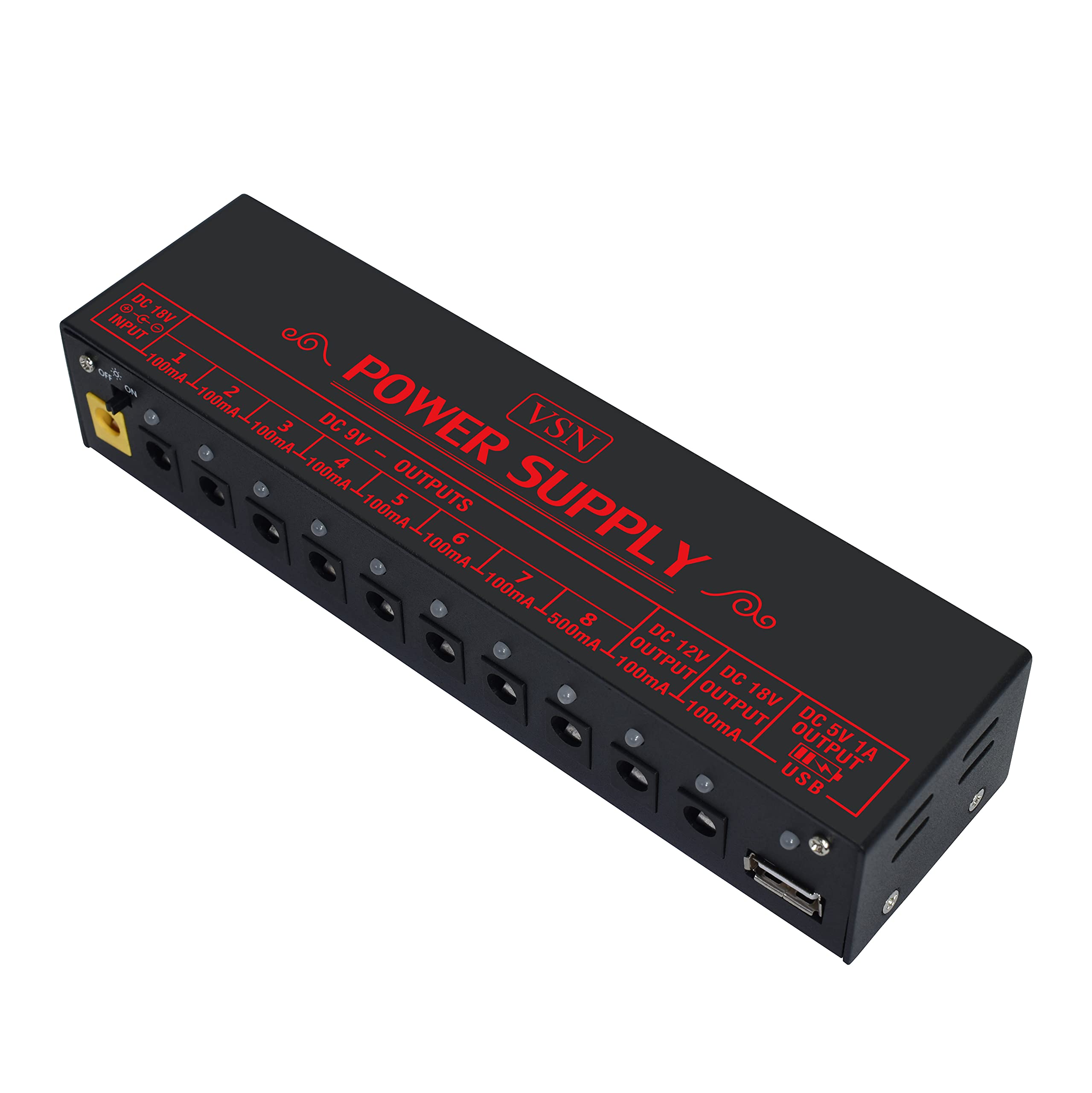 VSN Guitar Pedal Power Supply 10 Isolated DC Output for Power Supply 9V/12V/18V DC Outputs & USB Charging Port with Short Circuit/Overcurrent Protect