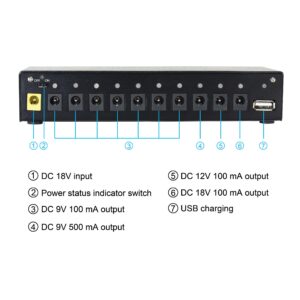 VSN Guitar Pedal Power Supply 10 Isolated DC Output for Power Supply 9V/12V/18V DC Outputs & USB Charging Port with Short Circuit/Overcurrent Protect