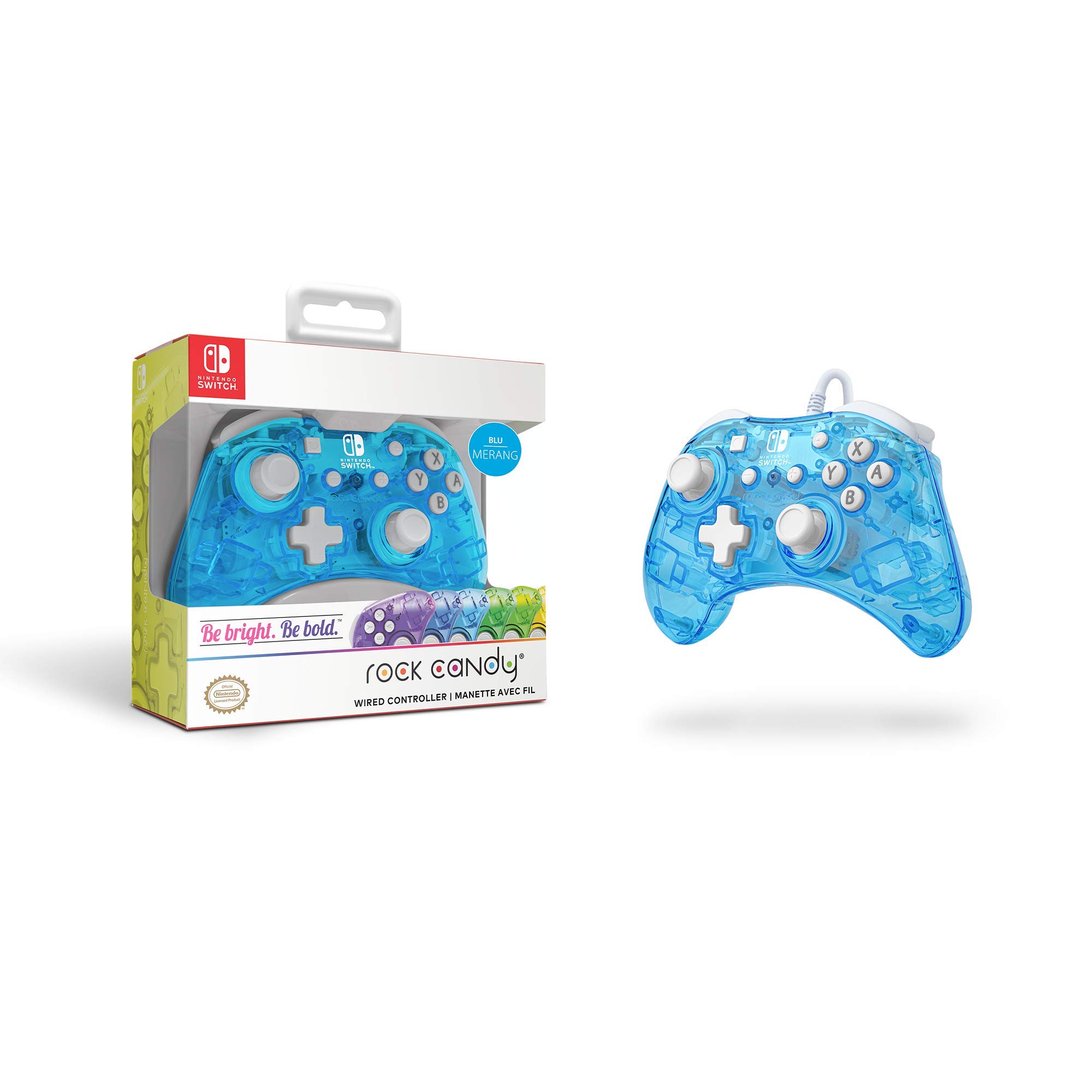 PDP Rock Candy Wired Gaming Switch Pro Controller - Blu-merang Blue / Clear - Licensed by Nintendo - OLED Compatible - Compact, Hard Transparent Plastic Travel Controller - Holiday & Birthday Gifts