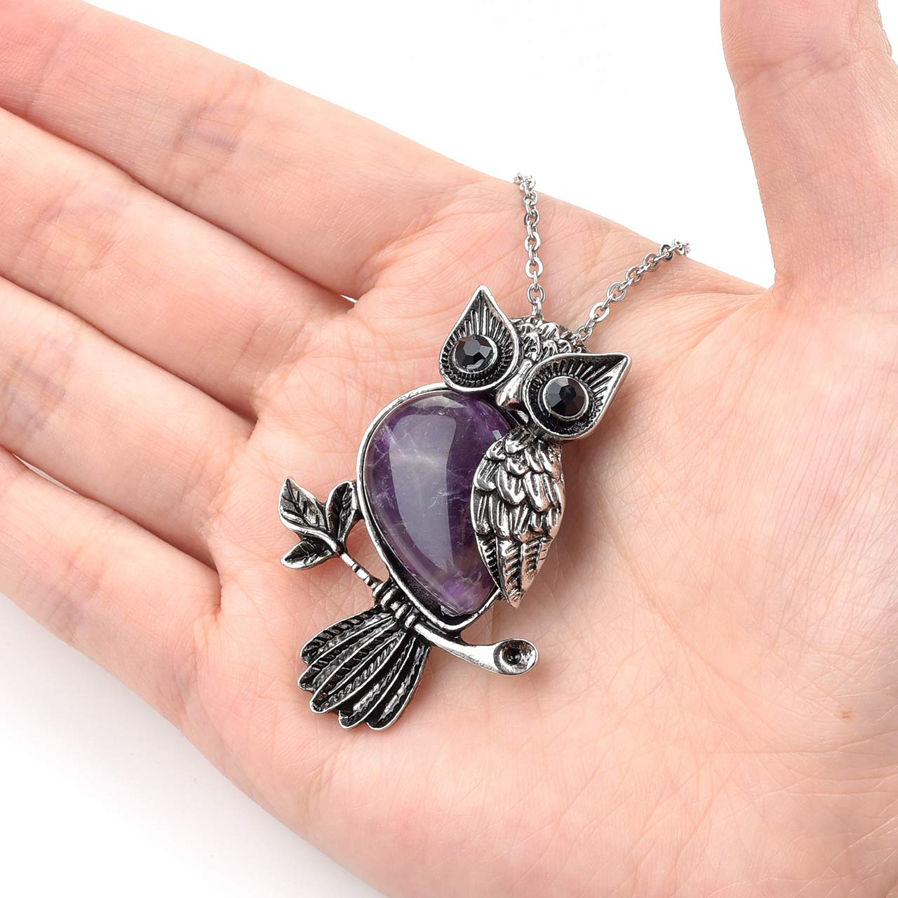 Jovivi Owl Gifts Vintage Owl Necklace Healing Crystals Stone Pendant Necklaces for Women Men Natural Amethyst Gemstone Jewelry Reiki Spiritual Energy Lucky