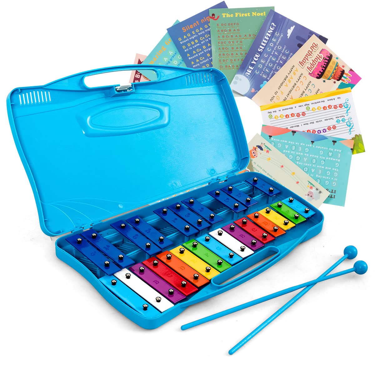 Costzon 25-Note Xylophone w/Case, Colorful Musical Toy w/Clear Tuned Metal Keys, 2 Child-Safe Mallets, Perfectly Tuned Instrument for Kids, Toddlers (With music sheets, Blue)