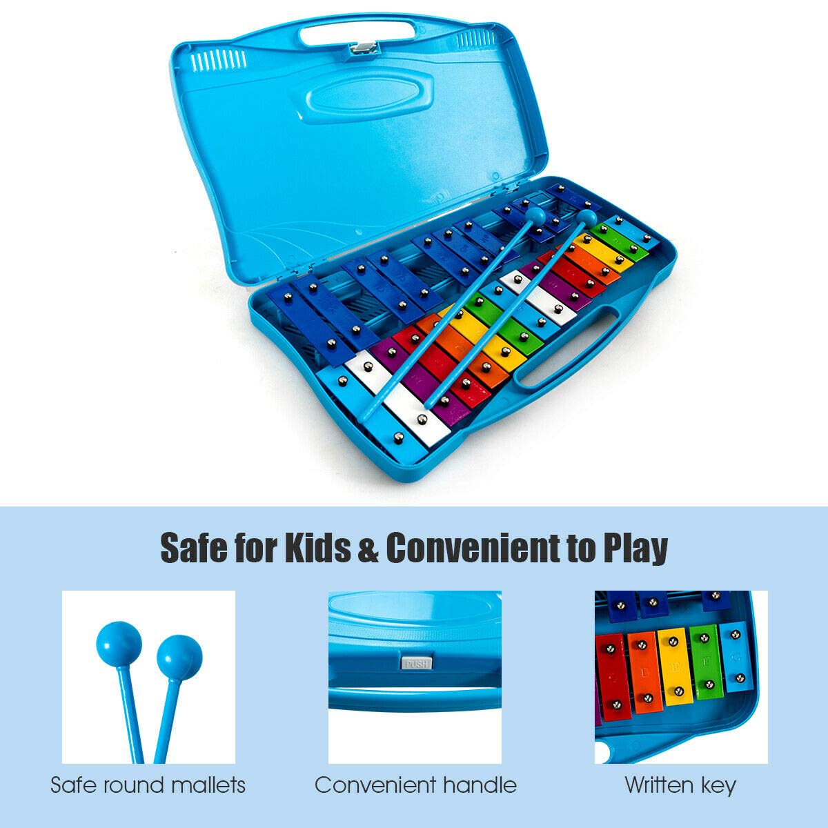 Costzon 25-Note Xylophone w/Case, Colorful Musical Toy w/Clear Tuned Metal Keys, 2 Child-Safe Mallets, Perfectly Tuned Instrument for Kids, Toddlers (With music sheets, Blue)