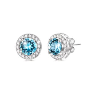 AOBOCO Sterling Silver Halo Earrings Stud Earrings for Women, Simulated Aquamarine Birthstone Crystals from Austria, Blue Wedding Gifts Earrings for Bride Anniversary Birthday Jewelry for Wife