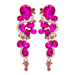 Iris Island Womens Fuchsia Pink Crystal Rhinestone drop Dangle Earrings Gold Plated For Pageant Proms Wedding Party