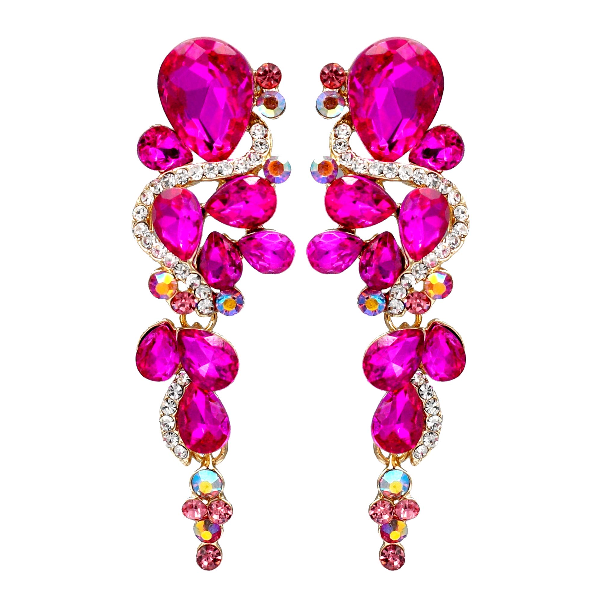 Iris Island Womens Fuchsia Pink Crystal Rhinestone drop Dangle Earrings Gold Plated For Pageant Proms Wedding Party