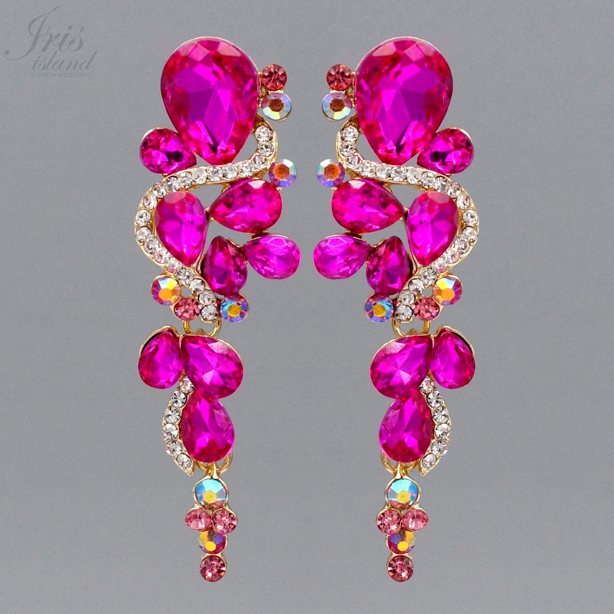 Iris Island Womens Fuchsia Pink Crystal Rhinestone drop Dangle Earrings Gold Plated For Pageant Proms Wedding Party