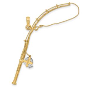 FB Jewels 14k White and Yellow Two Tone Gold 3D Fishing Pole with white Reel Moveable Pendant