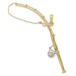 FB Jewels 14k White and Yellow Two Tone Gold 3D Fishing Pole with white Reel Moveable Pendant