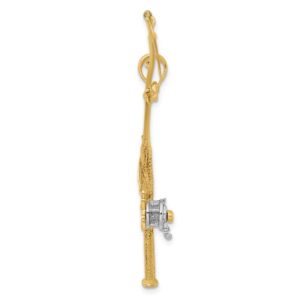 FB Jewels 14k White and Yellow Two Tone Gold 3D Fishing Pole with white Reel Moveable Pendant