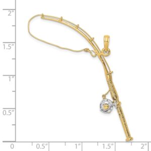 FB Jewels 14k White and Yellow Two Tone Gold 3D Fishing Pole with white Reel Moveable Pendant